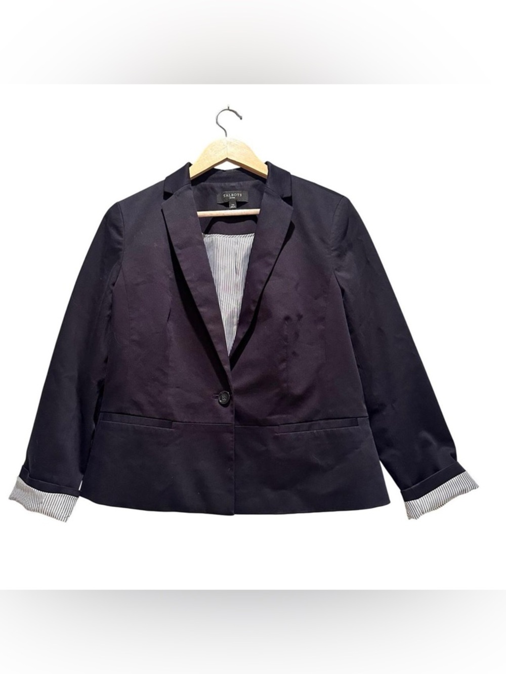 Talbots Women's Navy Blue Cotton Blazer Size 14 Petite Business Casual Career